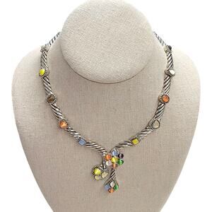 VTG Silver Tone Multi Color Stone Twisted Rope Y Drop Necklace READ